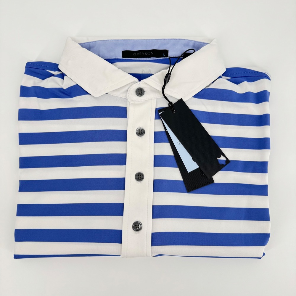 Greyson Kissimmi Polo Shirt Mens Size L‎ Blue White Striped Golf Wolf Preppy
